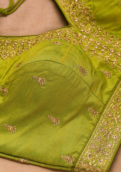 Parrot Green Zariwork Raw Silk Blouse-Koskii