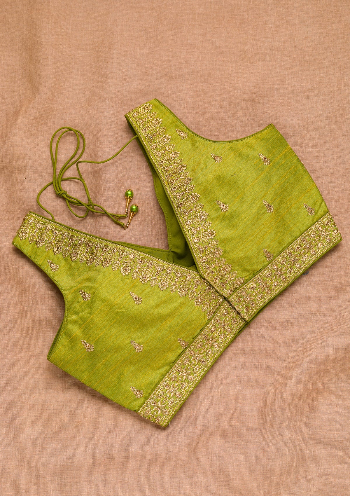 Parrot Green Zariwork Raw Silk Blouse-Koskii