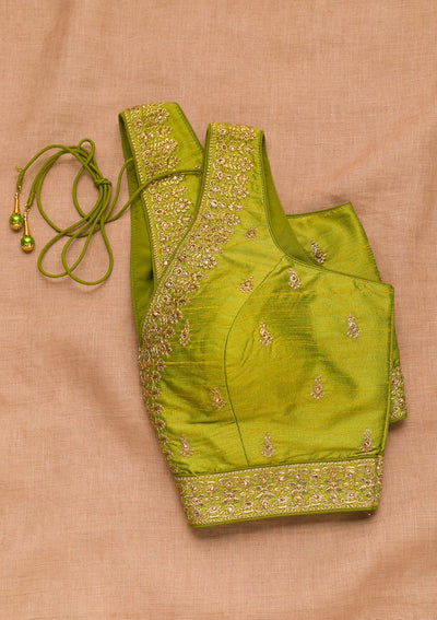 Parrot Green Zariwork Raw Silk Blouse-Koskii