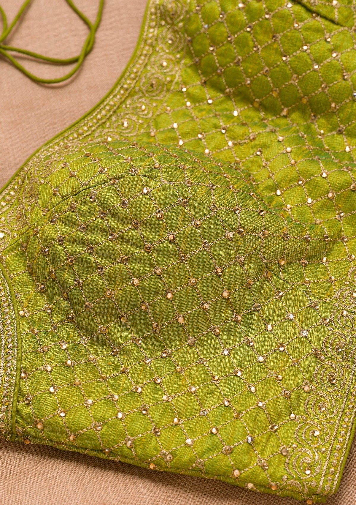 Parrot Green Zariwork Raw Silk Blouse-Koskii