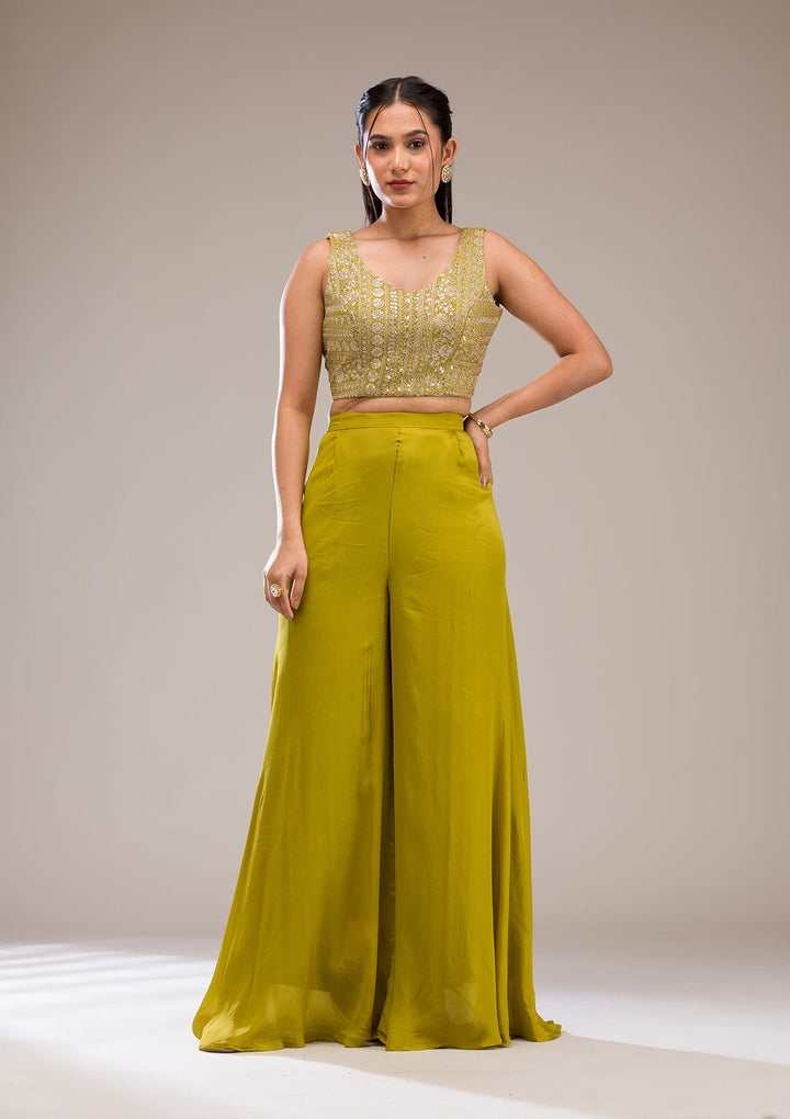 Parrot Green Zariwork Semi Crepe Readymade Salwar Suit-Koskii