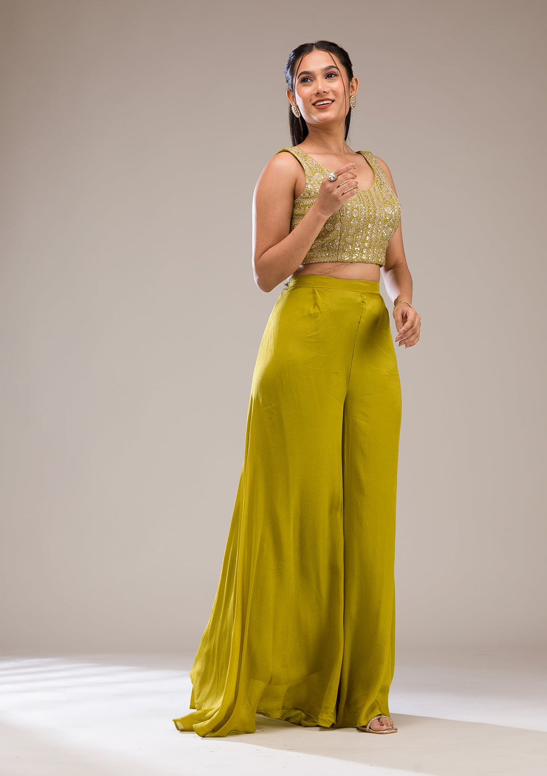Parrot Green Zariwork Semi Crepe Readymade Salwar Suit-Koskii
