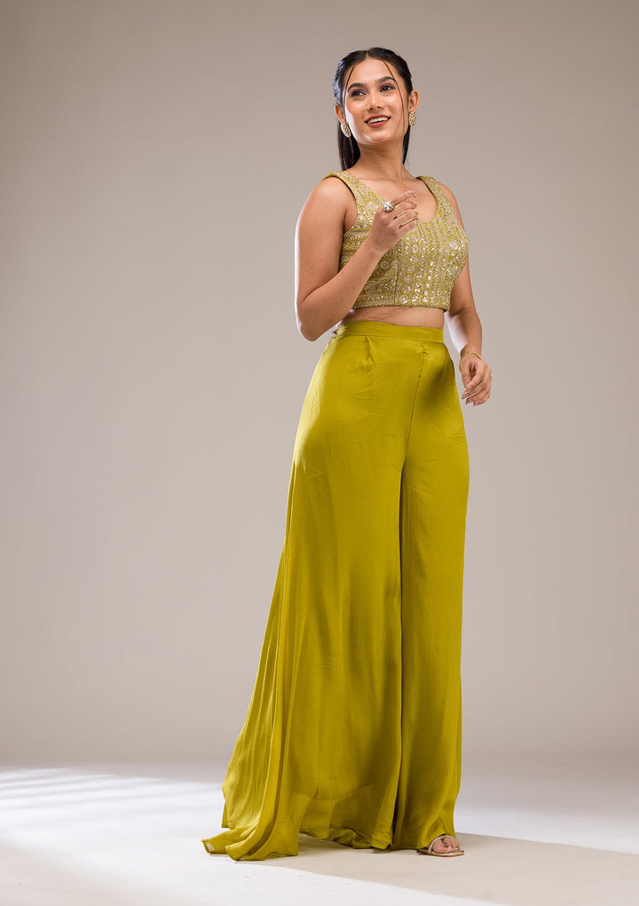 Parrot Green Zariwork Semi Crepe Readymade Salwar Suit-Koskii