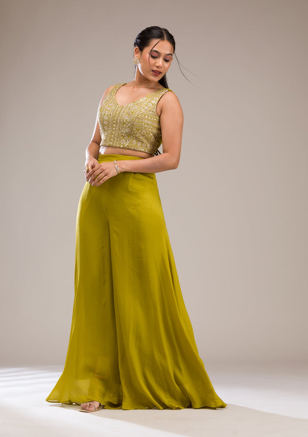 Parrot Green Zariwork Semi Crepe Readymade Salwar Suit-Koskii