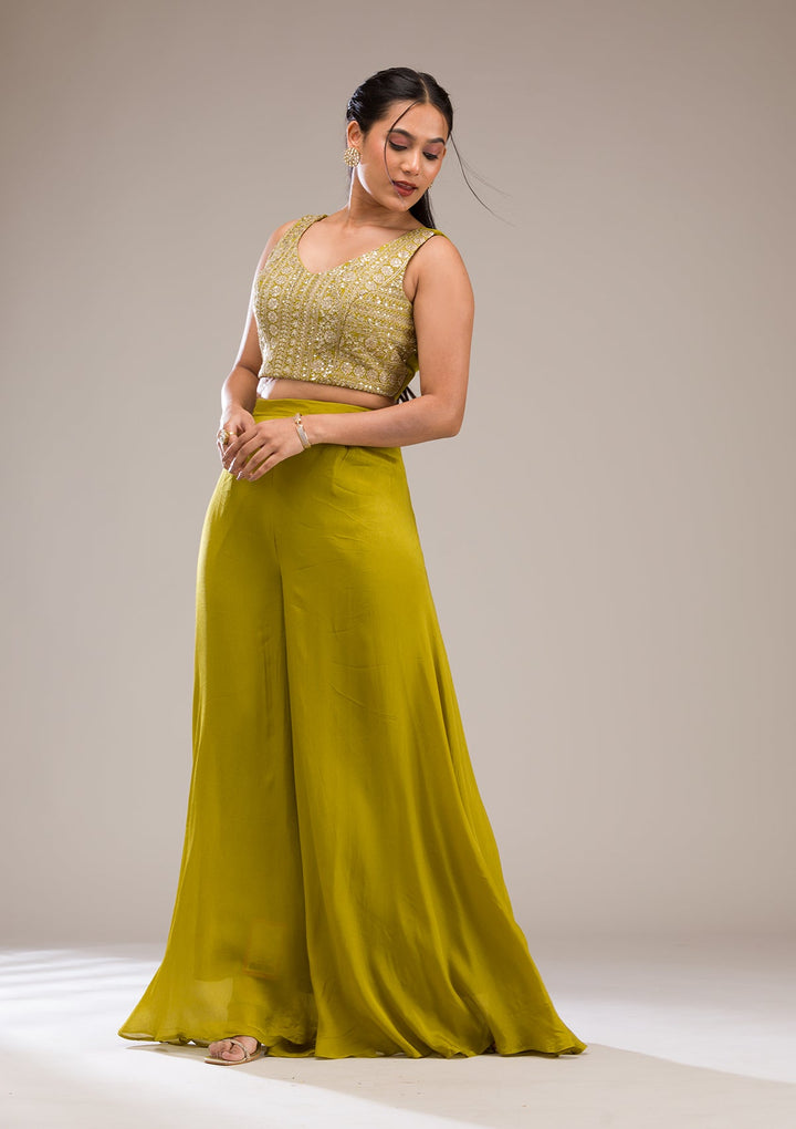 Parrot Green Zariwork Semi Crepe Readymade Salwar Suit-Koskii