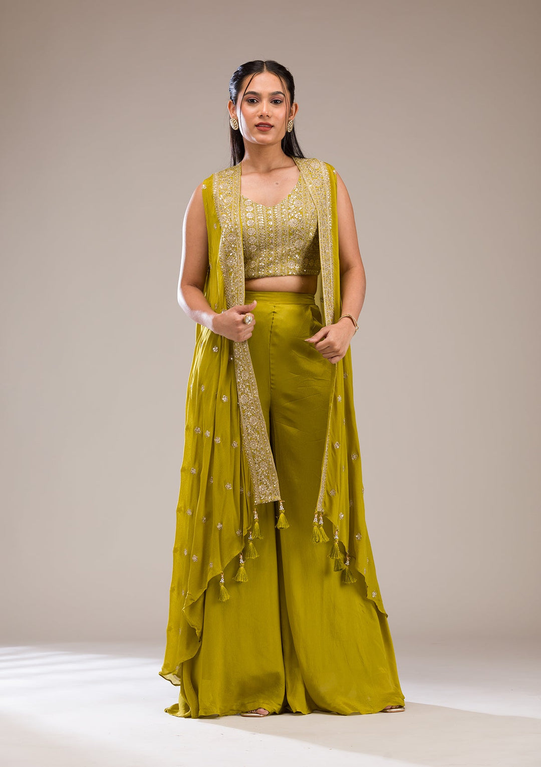 Parrot Green Zariwork Semi Crepe Readymade Salwar Suit-Koskii