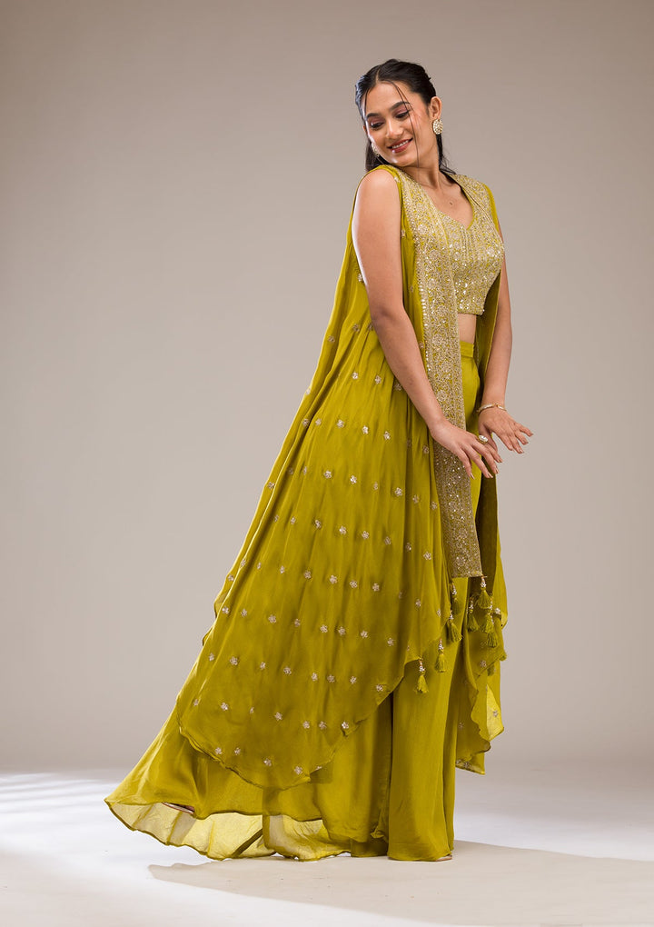 Parrot Green Zariwork Semi Crepe Readymade Salwar Suit-Koskii