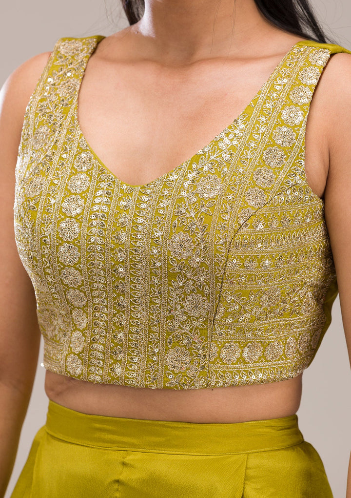Parrot Green Zariwork Semi Crepe Readymade Salwar Suit-Koskii
