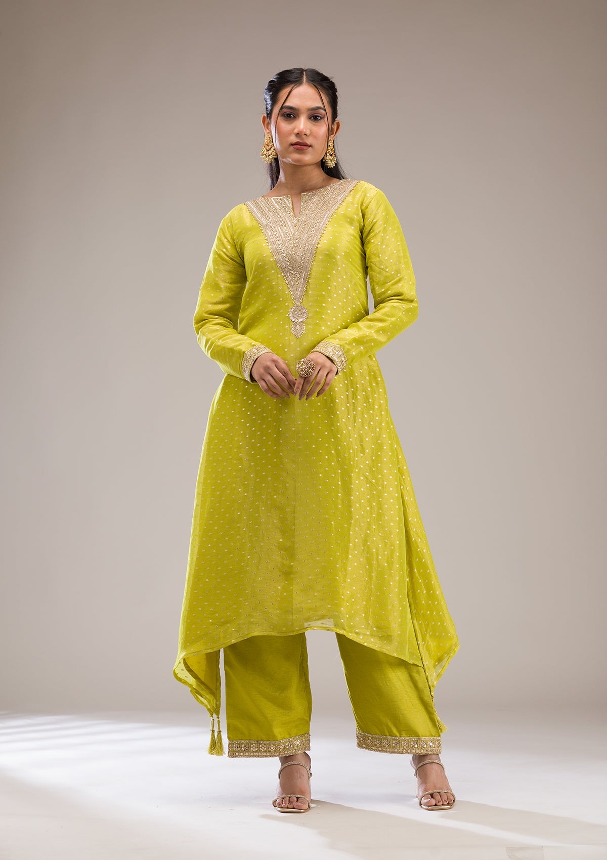 Parrot Green Zariwork Semi Crepe Readymade Salwar Suit-Koskii