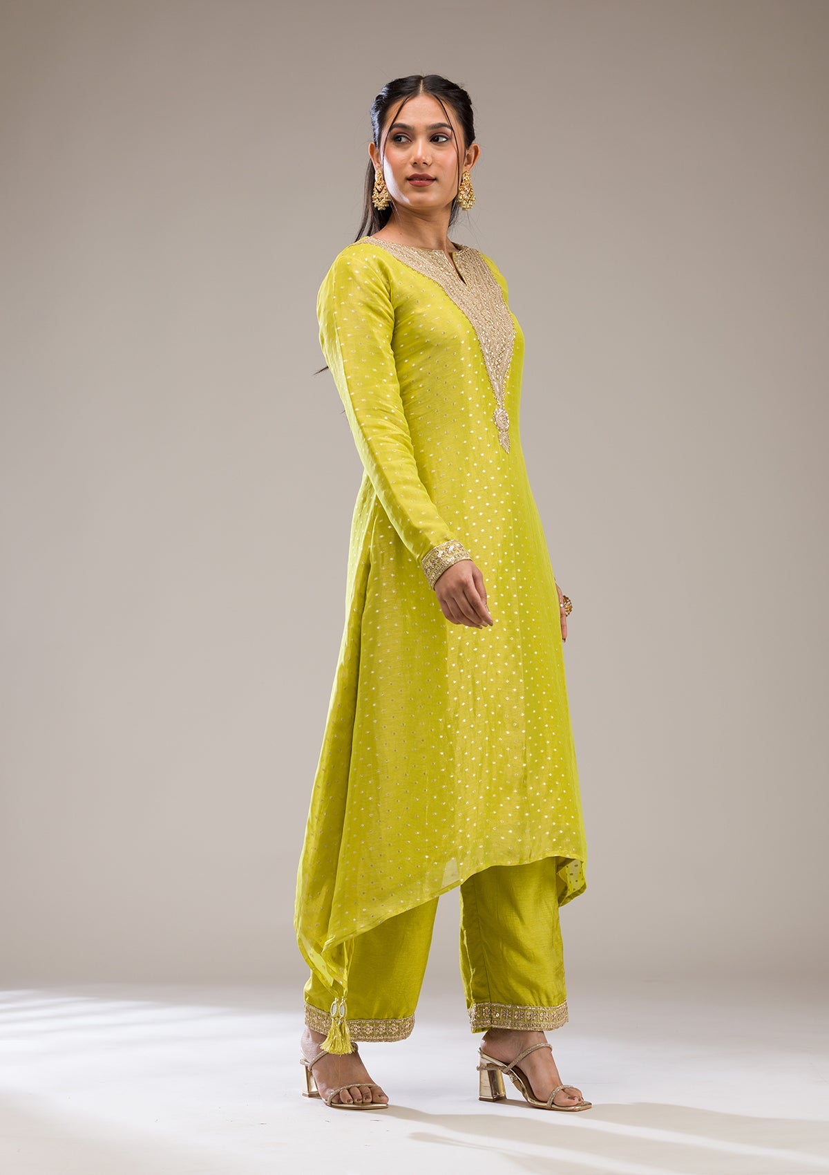 Parrot Green Zariwork Semi Crepe Readymade Salwar Suit-Koskii