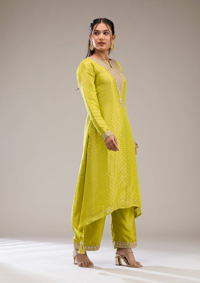 Parrot Green Zariwork Semi Crepe Readymade Salwar Suit-Koskii