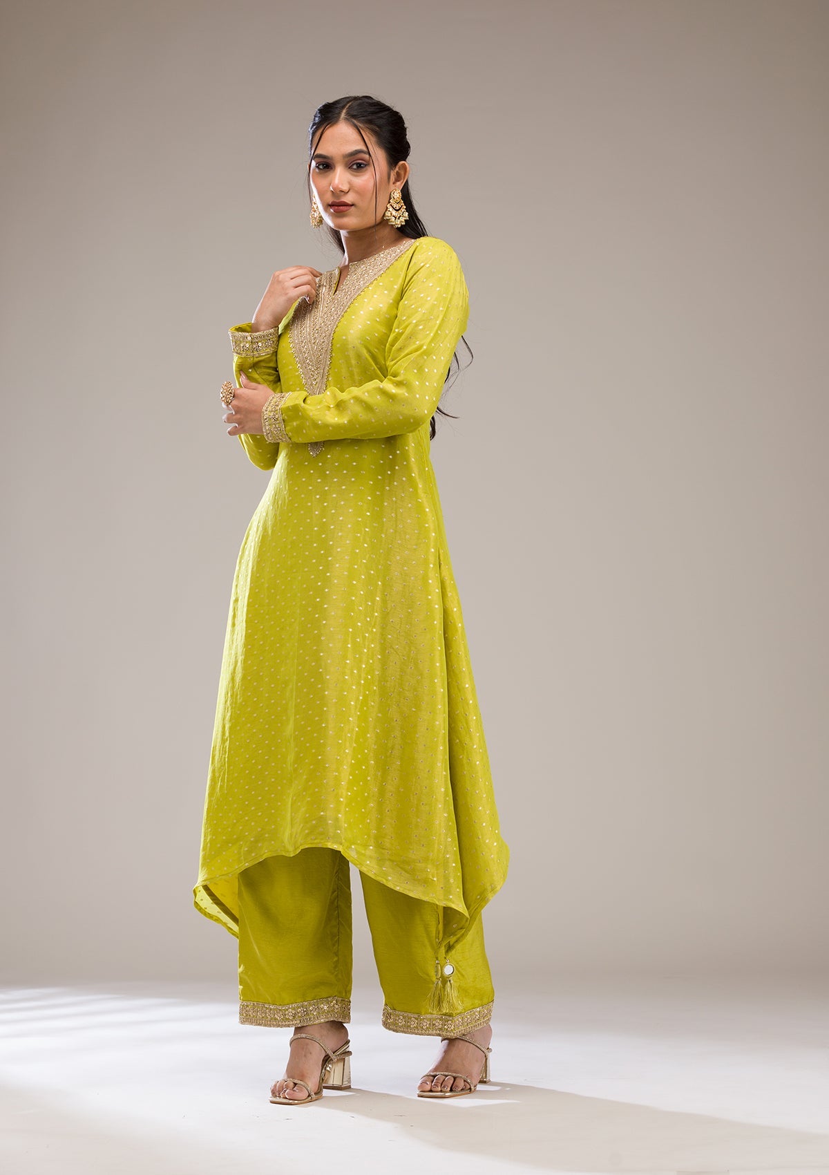 Parrot Green Zariwork Semi Crepe Readymade Salwar Suit-Koskii