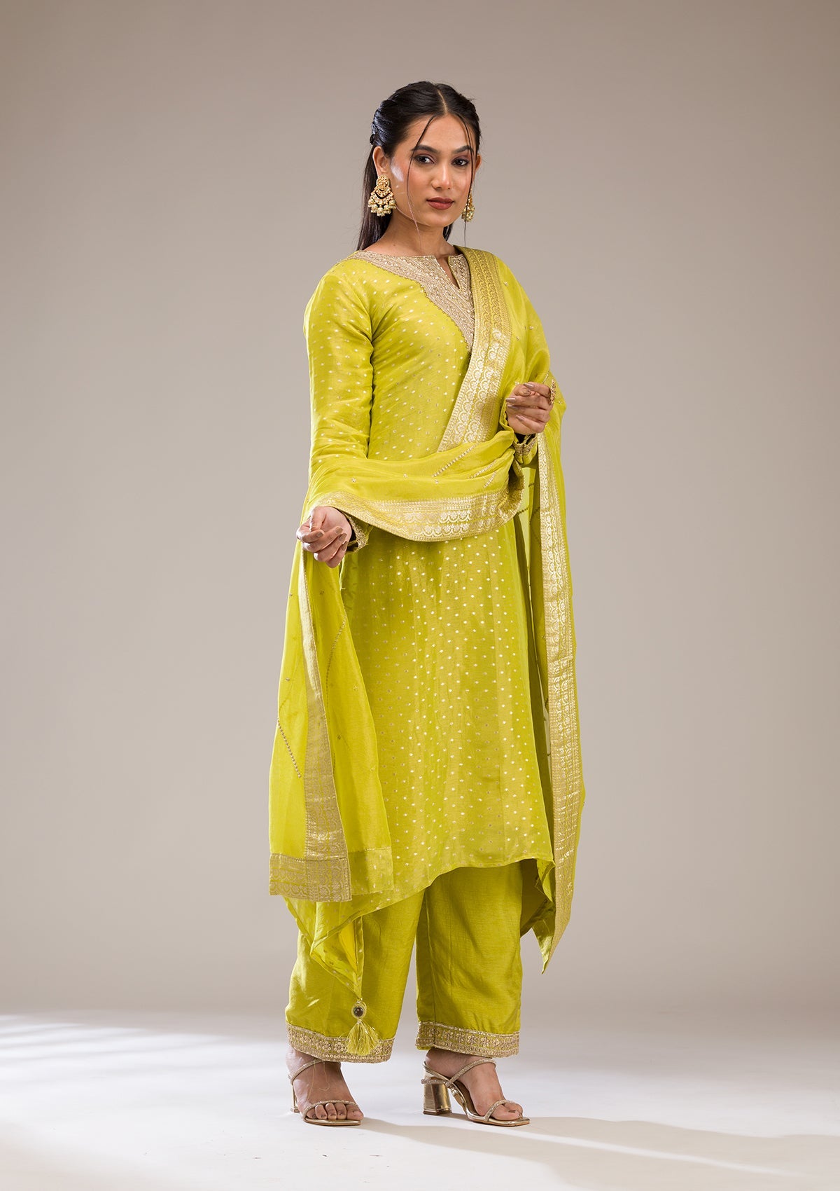 Parrot Green Zariwork Semi Crepe Readymade Salwar Suit-Koskii