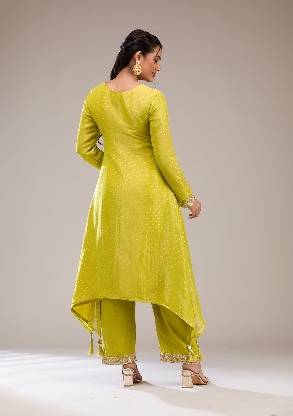 Parrot Green Zariwork Semi Crepe Readymade Salwar Suit-Koskii