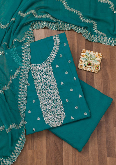 Peacock Blue Zariwork Semi Crepe Unstitched Salwar Suit-Koskii