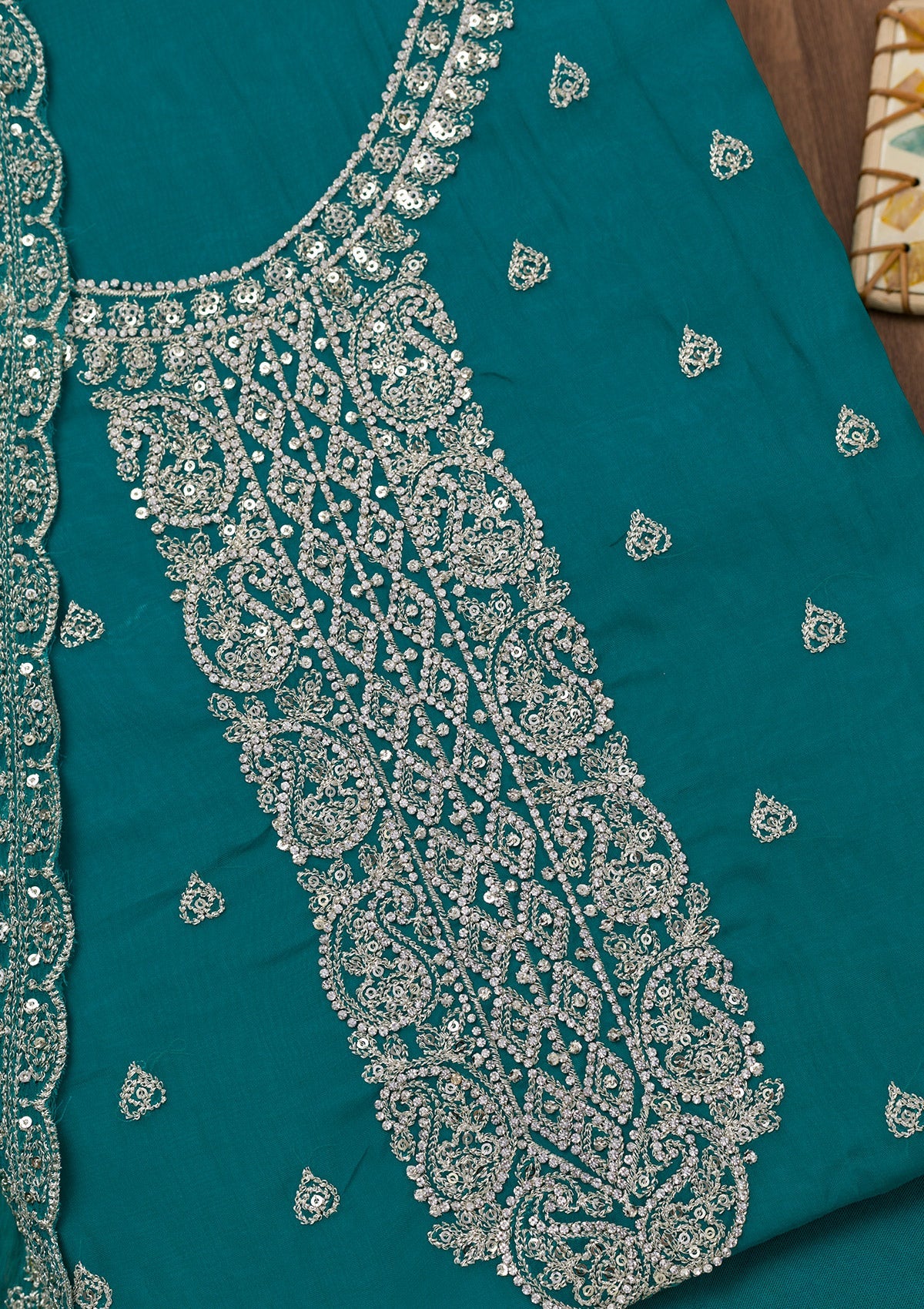 Peacock Blue Zariwork Semi Crepe Unstitched Salwar Suit-Koskii