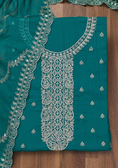 Peacock Blue Zariwork Semi Crepe Unstitched Salwar Suit-Koskii