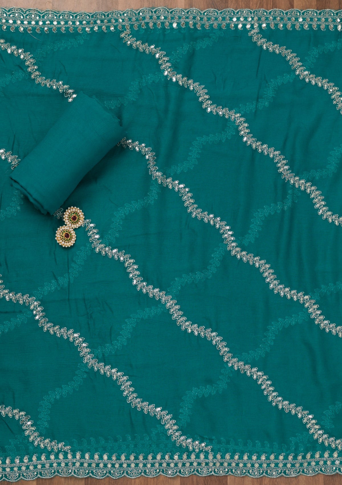 Peacock Blue Zariwork Semi Crepe Unstitched Salwar Suit-Koskii