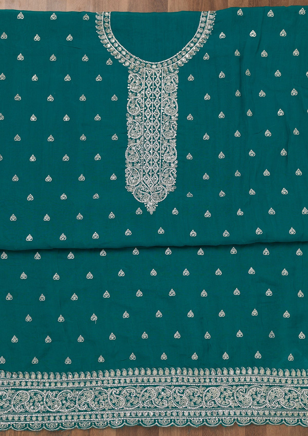Peacock Blue Zariwork Semi Crepe Unstitched Salwar Suit-Koskii