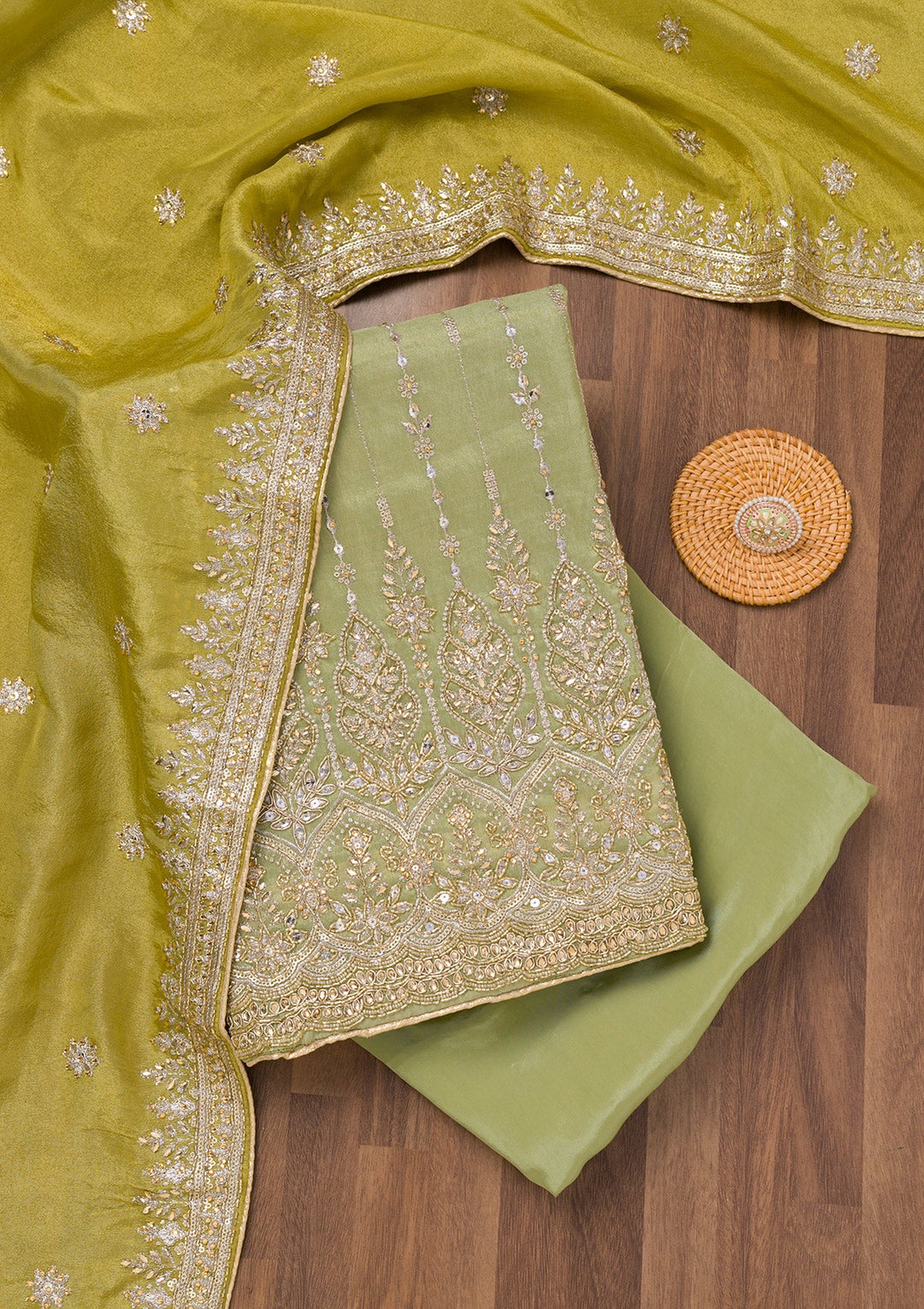 Parrot Green Zariwork Semi Crepe Unstitched Salwar Suit-Koskii