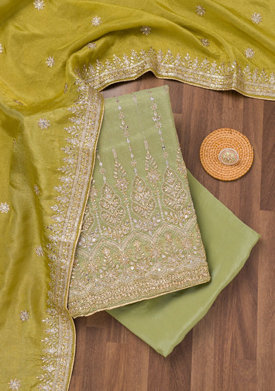 Parrot Green Zariwork Semi Crepe Unstitched Salwar Suit-Koskii