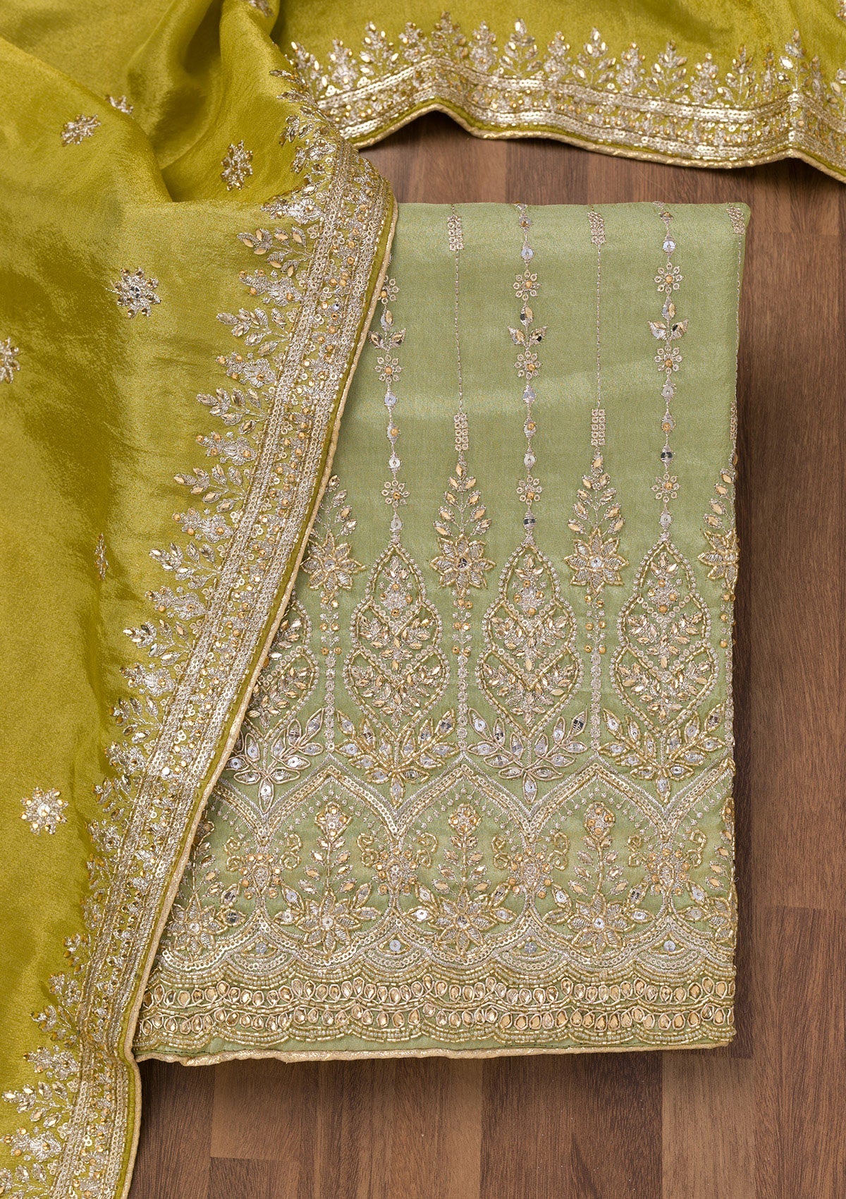 Parrot Green Zariwork Semi Crepe Unstitched Salwar Suit-Koskii