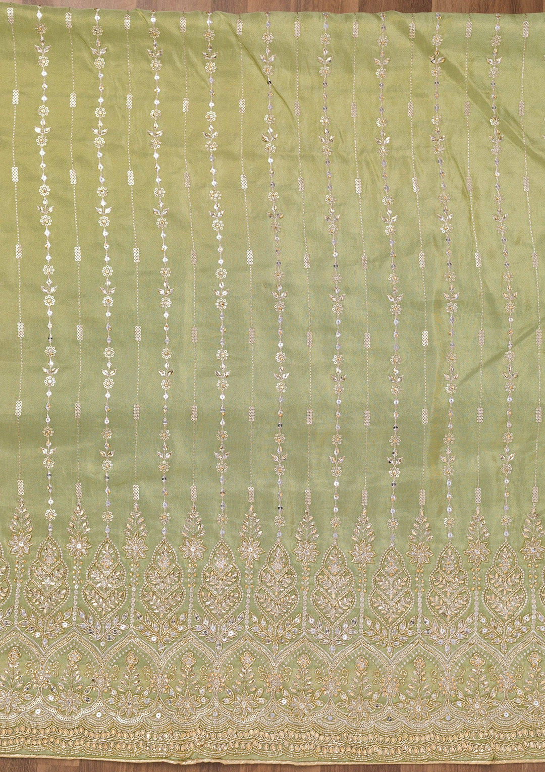 Parrot Green Zariwork Semi Crepe Unstitched Salwar Suit-Koskii