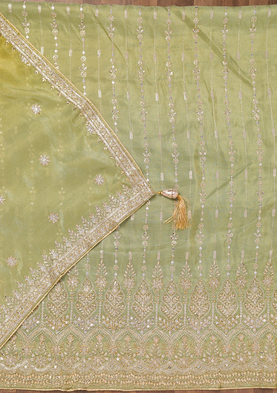 Parrot Green Zariwork Semi Crepe Unstitched Salwar Suit-Koskii