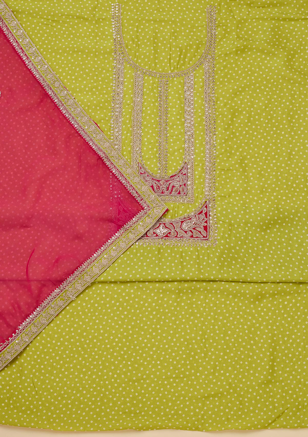 Parrot Green Zariwork Semi Crepe Unstitched Salwar Suit-Koskii