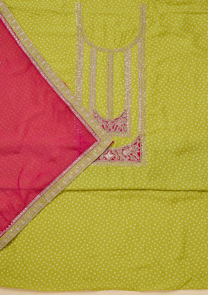 Parrot Green Zariwork Semi Crepe Unstitched Salwar Suit-Koskii