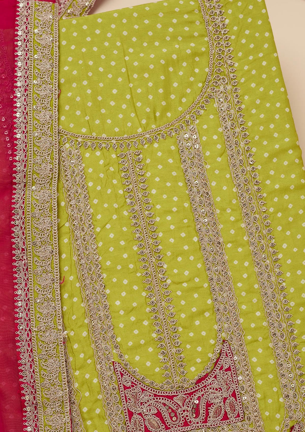 Parrot Green Zariwork Semi Crepe Unstitched Salwar Suit-Koskii