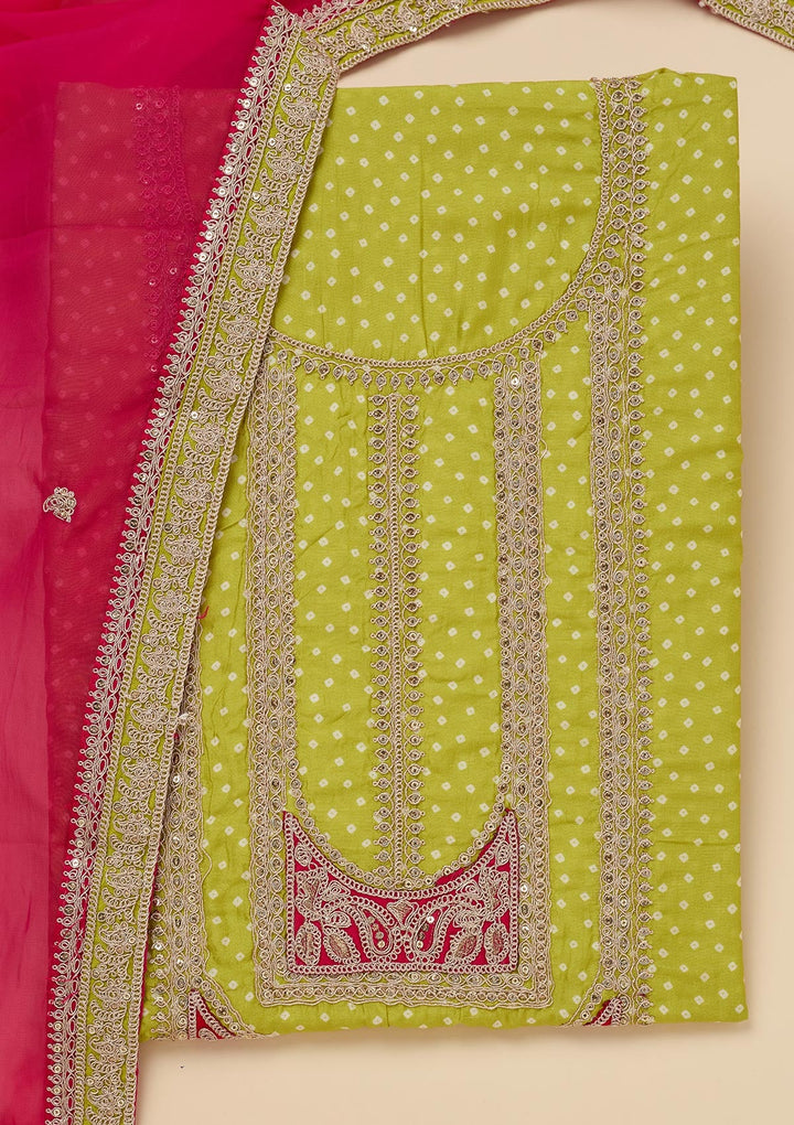 Parrot Green Zariwork Semi Crepe Unstitched Salwar Suit-Koskii