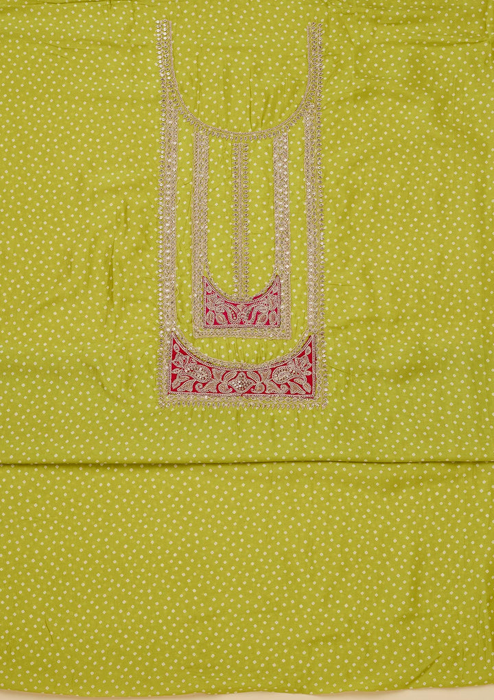 Parrot Green Zariwork Semi Crepe Unstitched Salwar Suit-Koskii