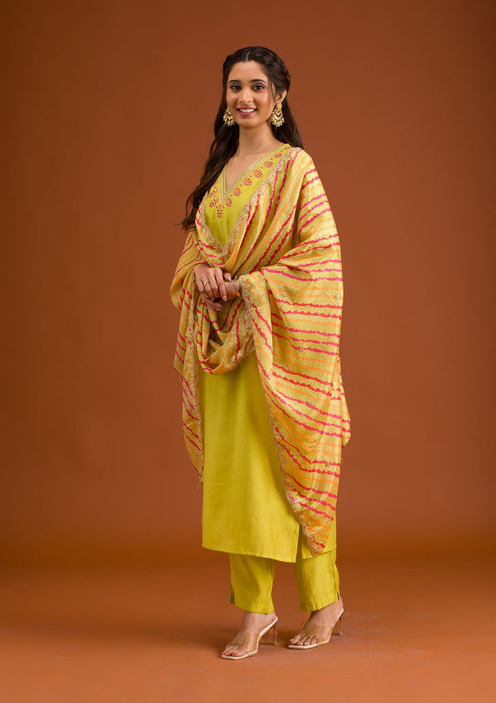 Parrot Green Zariwork Tissue Readymade Salwar Suit-Koskii