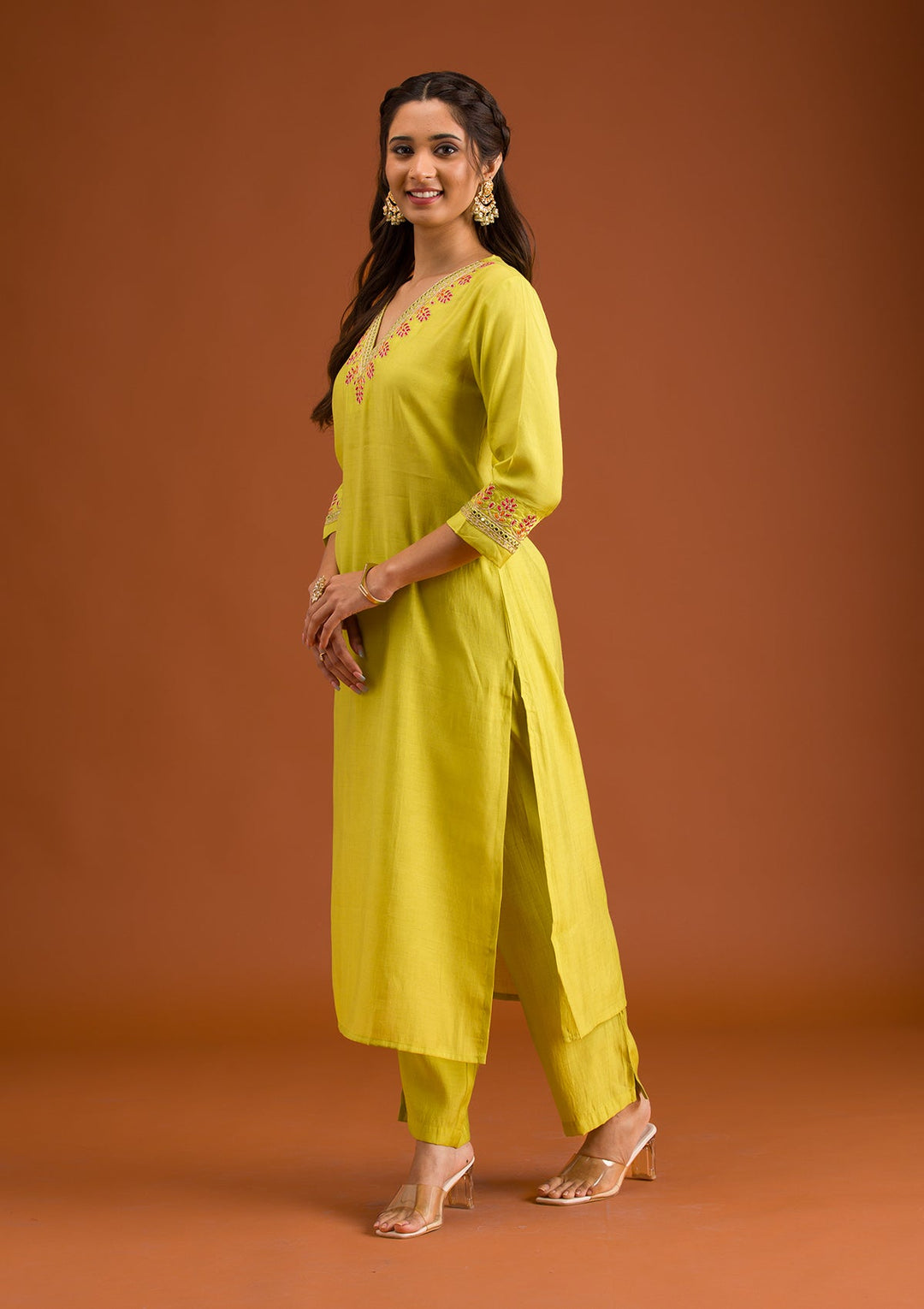 Parrot Green Zariwork Tissue Readymade Salwar Suit-Koskii