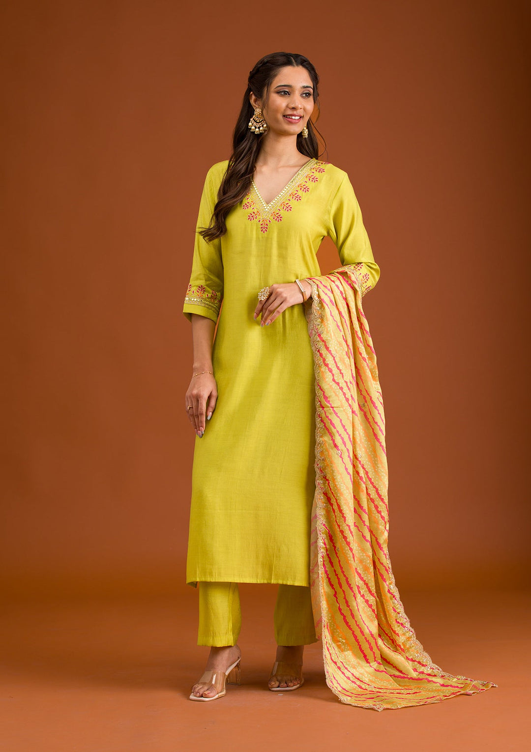 Parrot Green Zariwork Tissue Readymade Salwar Suit-Koskii