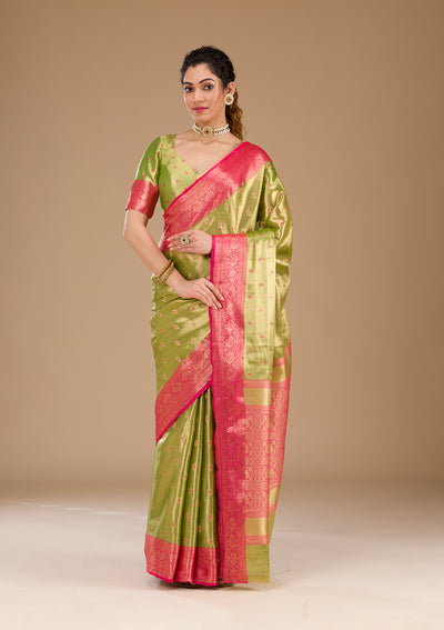 Parrot Green Zariwork Tissue Saree