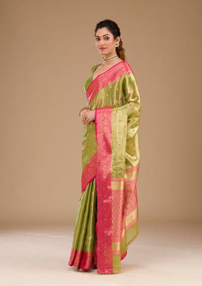 Parrot Green Zariwork Tissue Saree