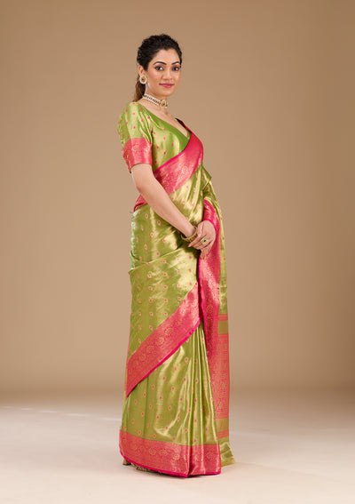 Parrot Green Zariwork Tissue Saree