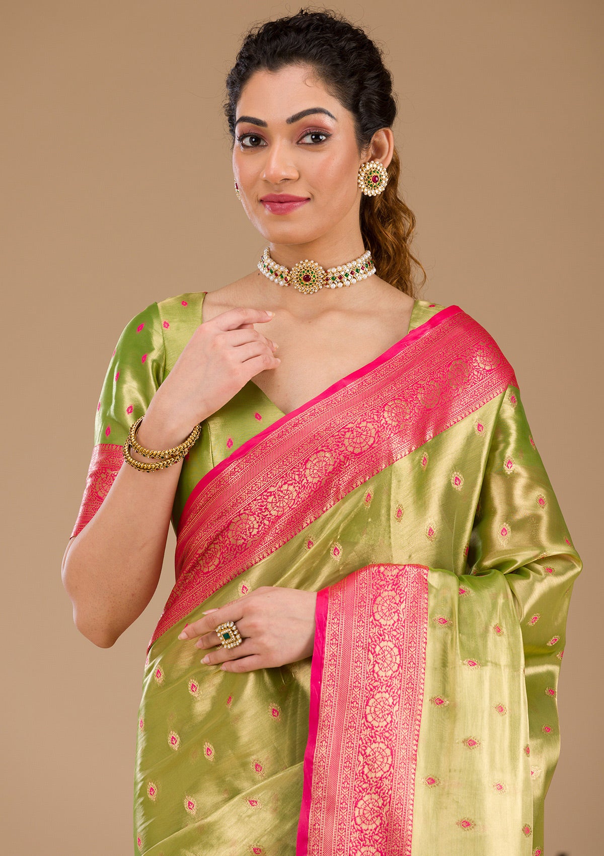 Parrot Green Zariwork Tissue Saree