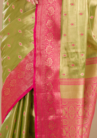 Parrot Green Zariwork Tissue Saree