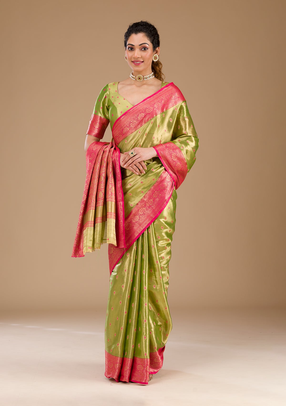 Parrot Green Zariwork Tissue Saree