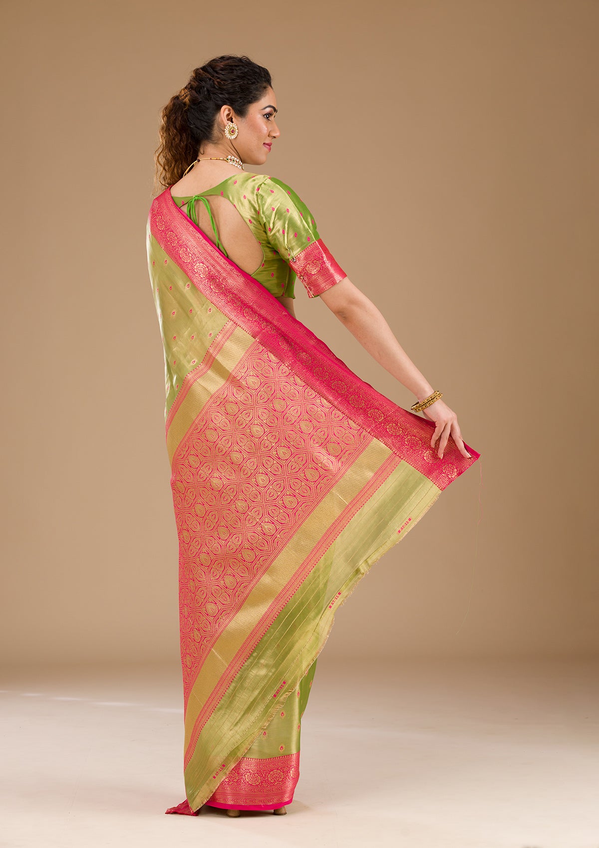 Parrot Green Zariwork Tissue Saree