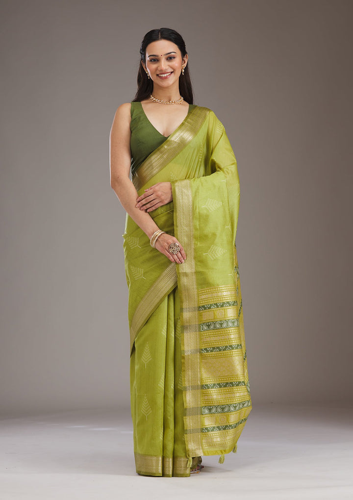 Parrot Green Zariwork Tissue Saree-Koskii