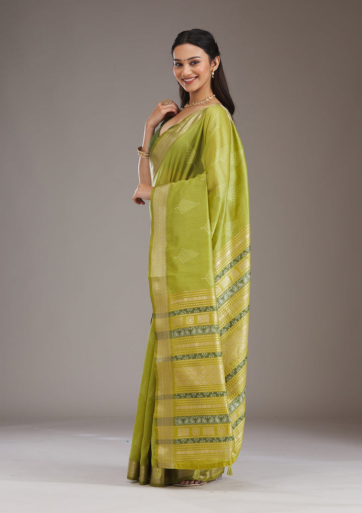 Parrot Green Zariwork Tissue Saree-Koskii