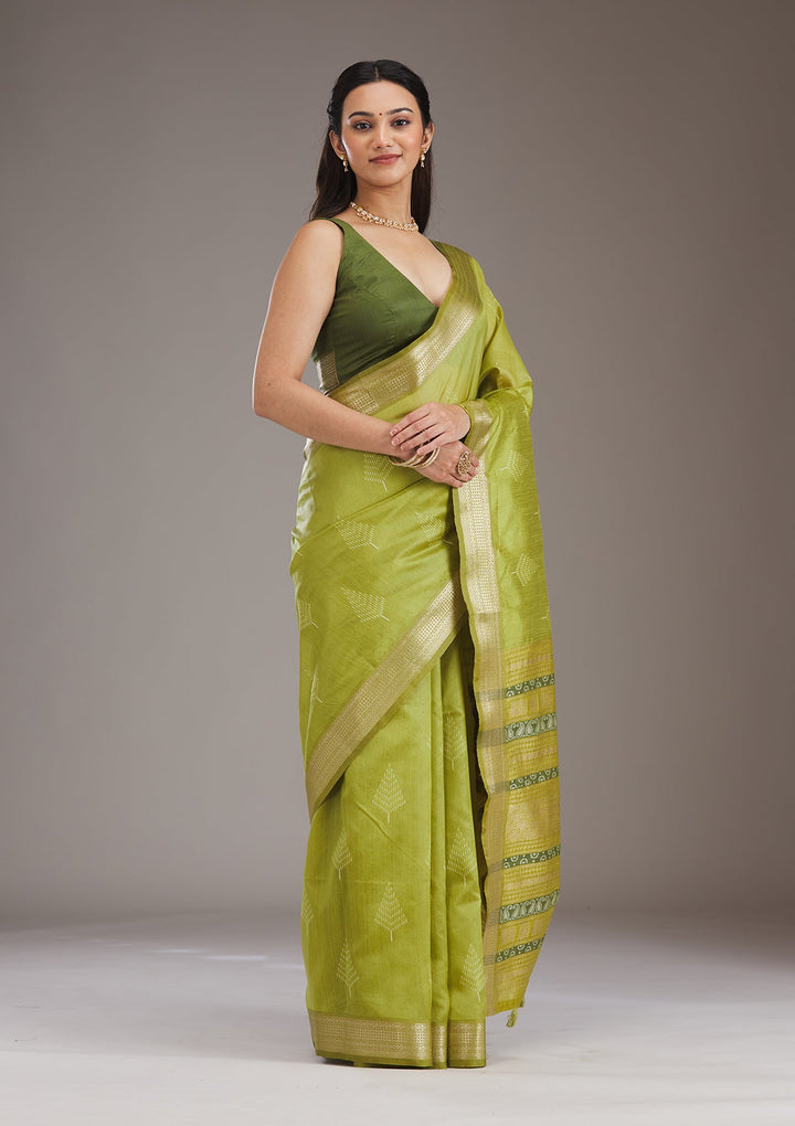 Parrot Green Zariwork Tissue Saree-Koskii