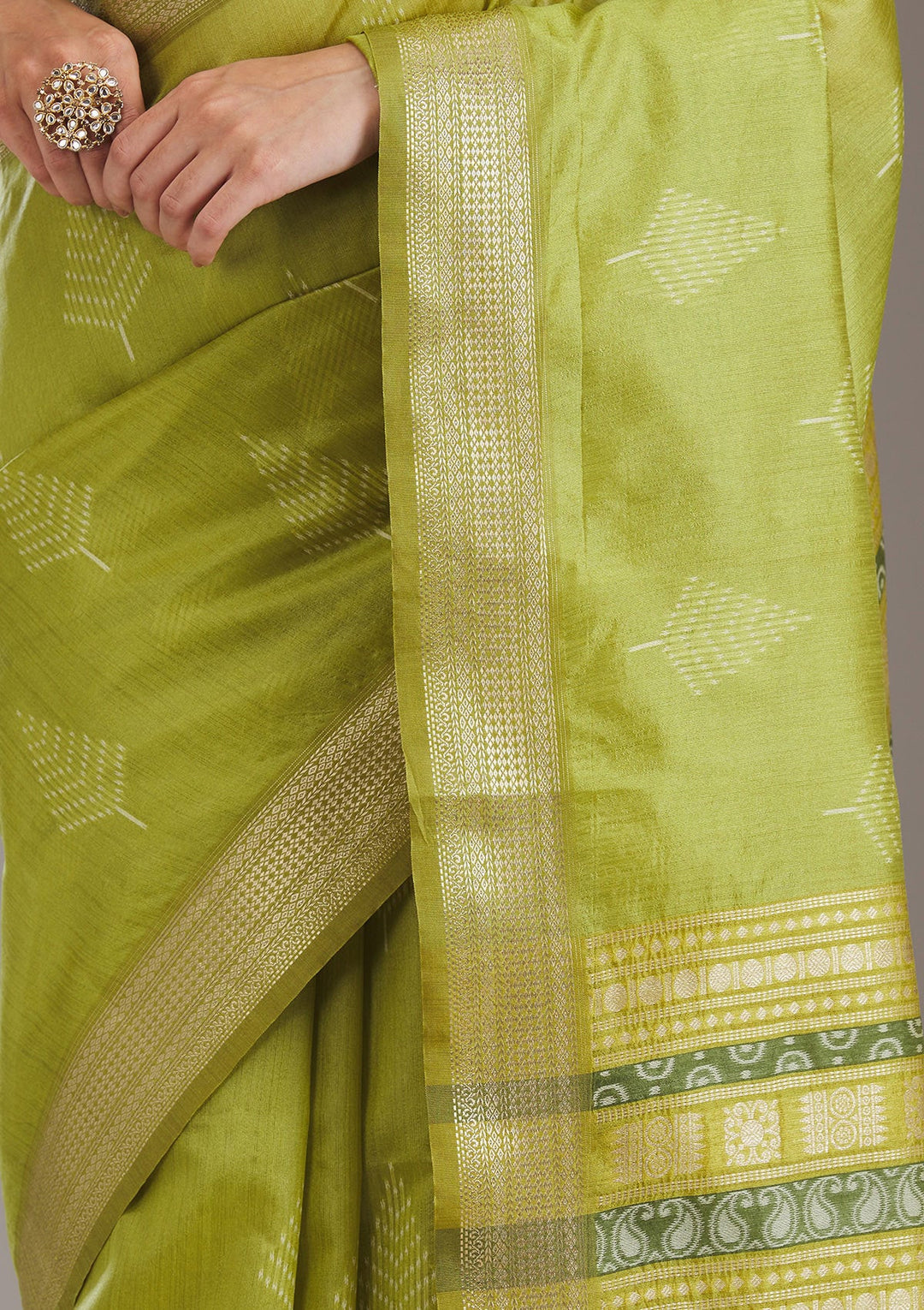Parrot Green Zariwork Tissue Saree-Koskii