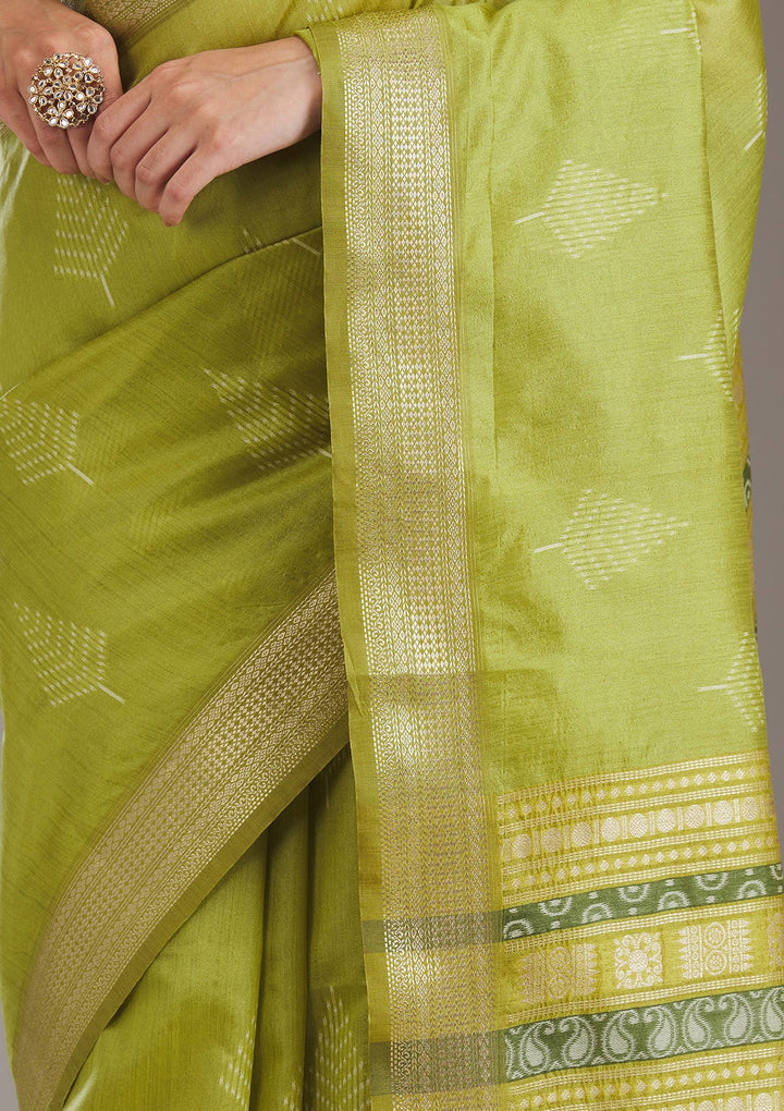 Parrot Green Zariwork Tissue Saree-Koskii