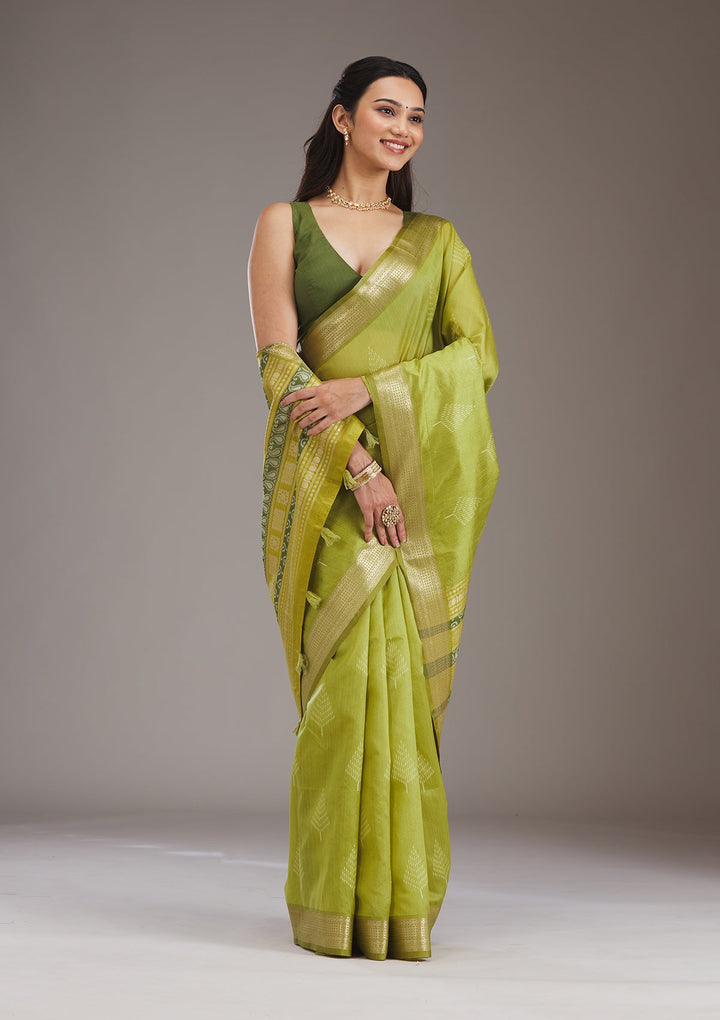 Parrot Green Zariwork Tissue Saree-Koskii