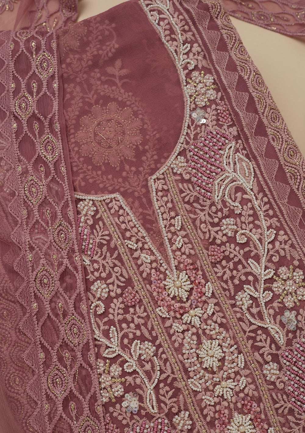 Onion Pink Chikankari Georgette Unstitched Salwar Suit-Koskii